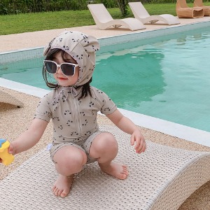 팬더무늬 래쉬가드 동물귀 모자 세트 남녀공용 유니섹스 아동 수영복