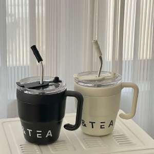 coffee&amp;TEA 스테인리스 손잡이 텀블러 빨대컵 뚜껑 머그컵 사무실컵